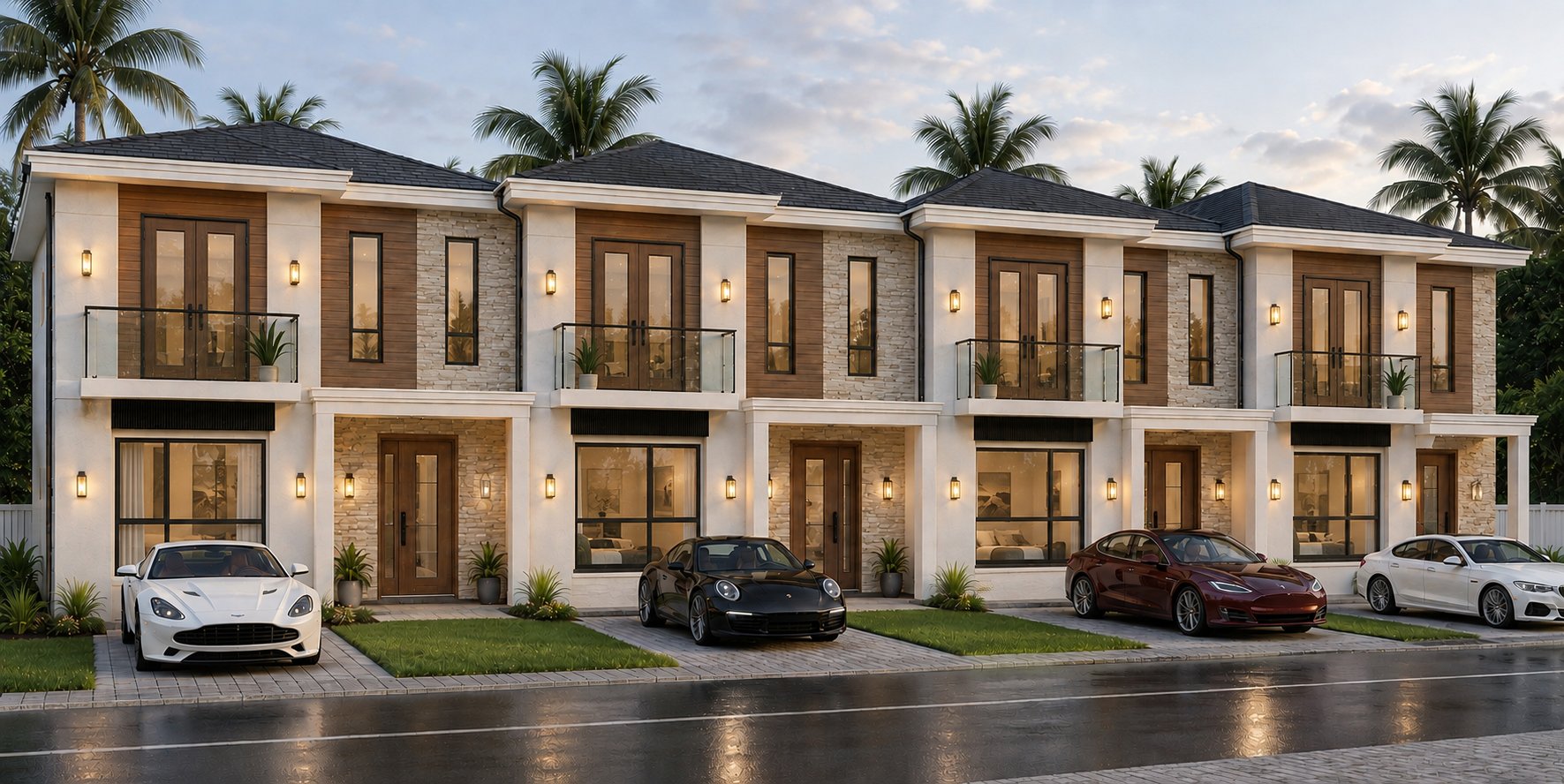 Conceptual front elevation rendering of a Kayas Enclave luxury townhome block, full building view